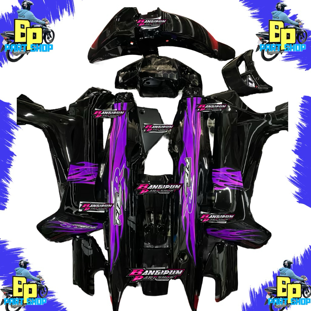 body set fiz r warna hitam set striping api ungu