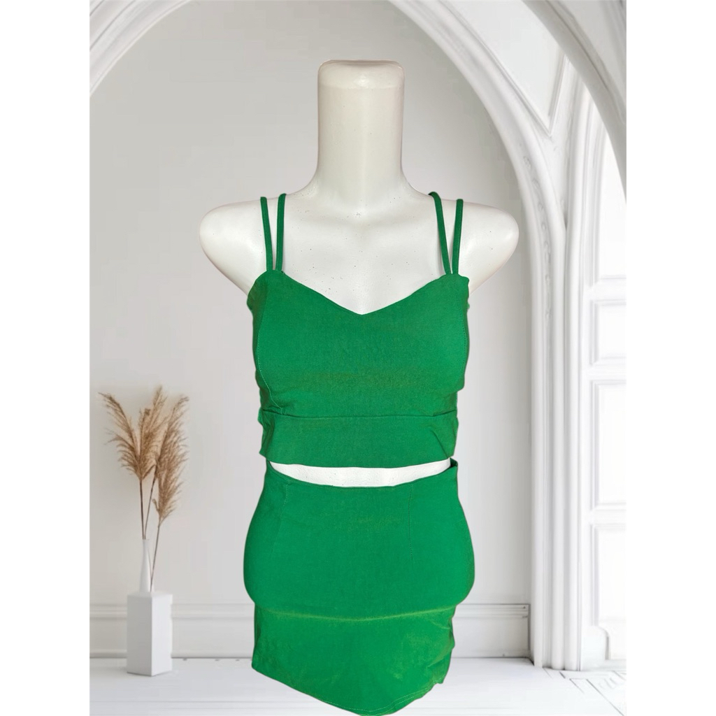 Setelan Mini Bustier Crop Belakang Stripe Hijau Baju LC