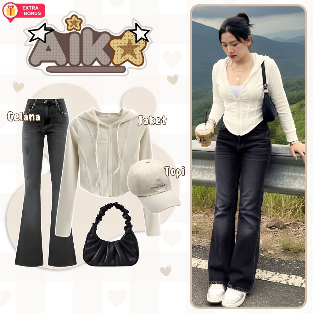 Oneset 3in1 jacket crop zipper + celana jeans cutbray + topi | ootd outfit cewek wanita anak perempu