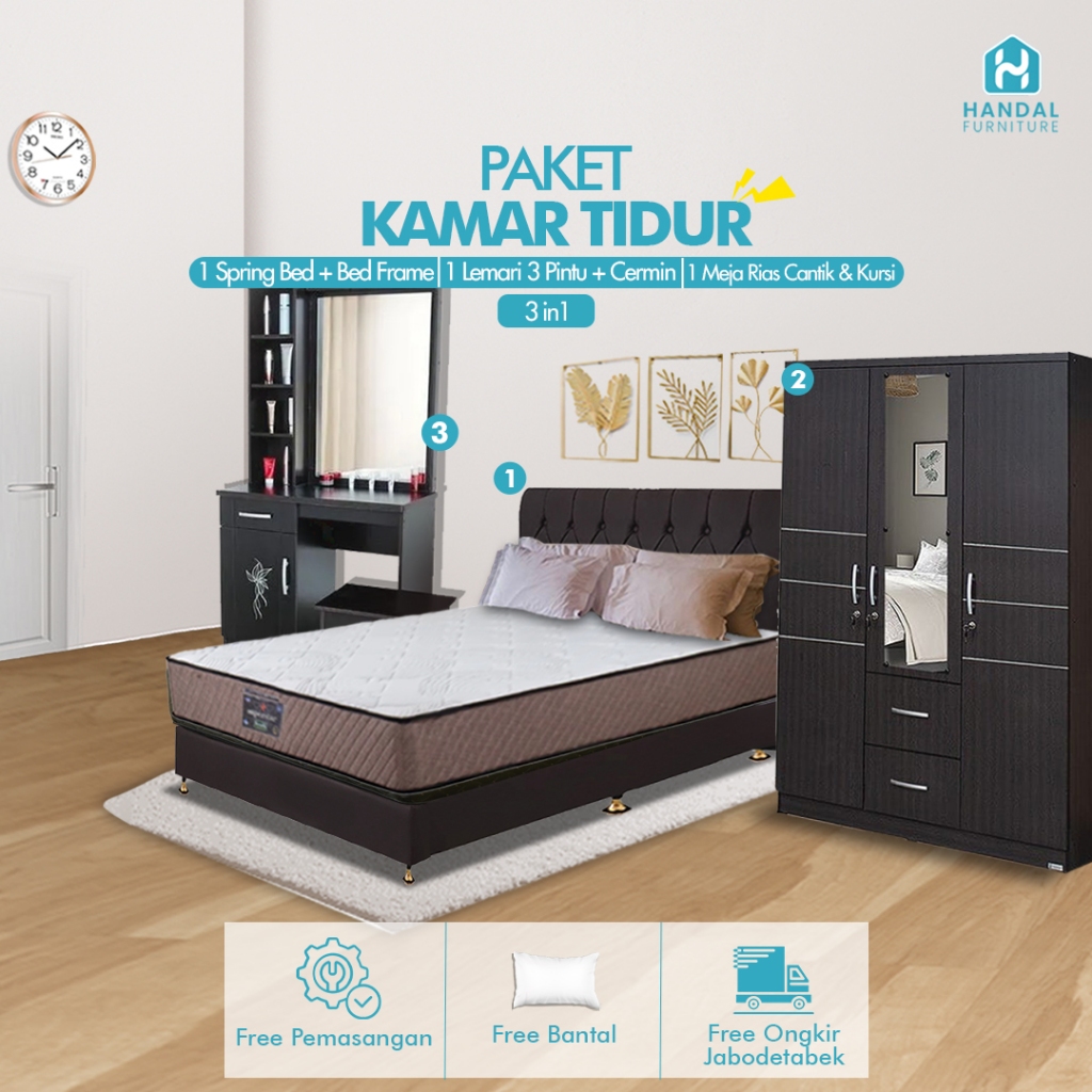Termurah Paket Kamar Tidur 3in1 Hemat Set Elite Serenity Superstar + Lemari 3Pt + Meja Rias Walnut