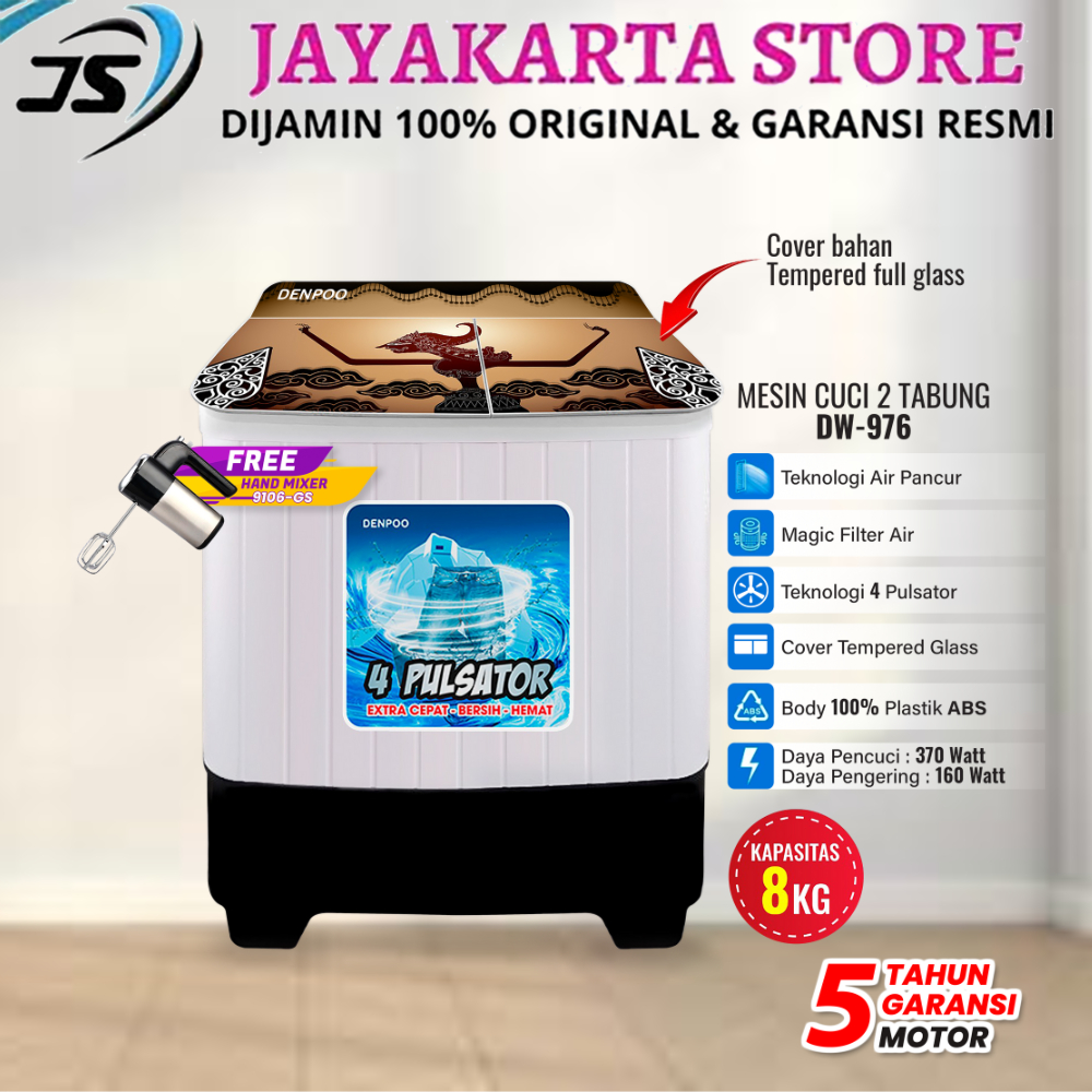 MESIN CUCI Denpoo MESIN CUCI 2 TABUNG  DW 976 8 KG LOW WATT SNI MESIN CUCI DENPOO