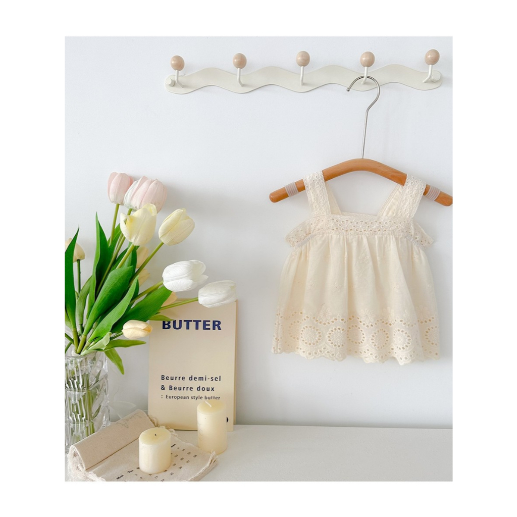 Set Baju Anak Perempuan Cream – Atasan Brokat Cantik & Celana Putih Ruffle | Outfit Anak Cewek Elega