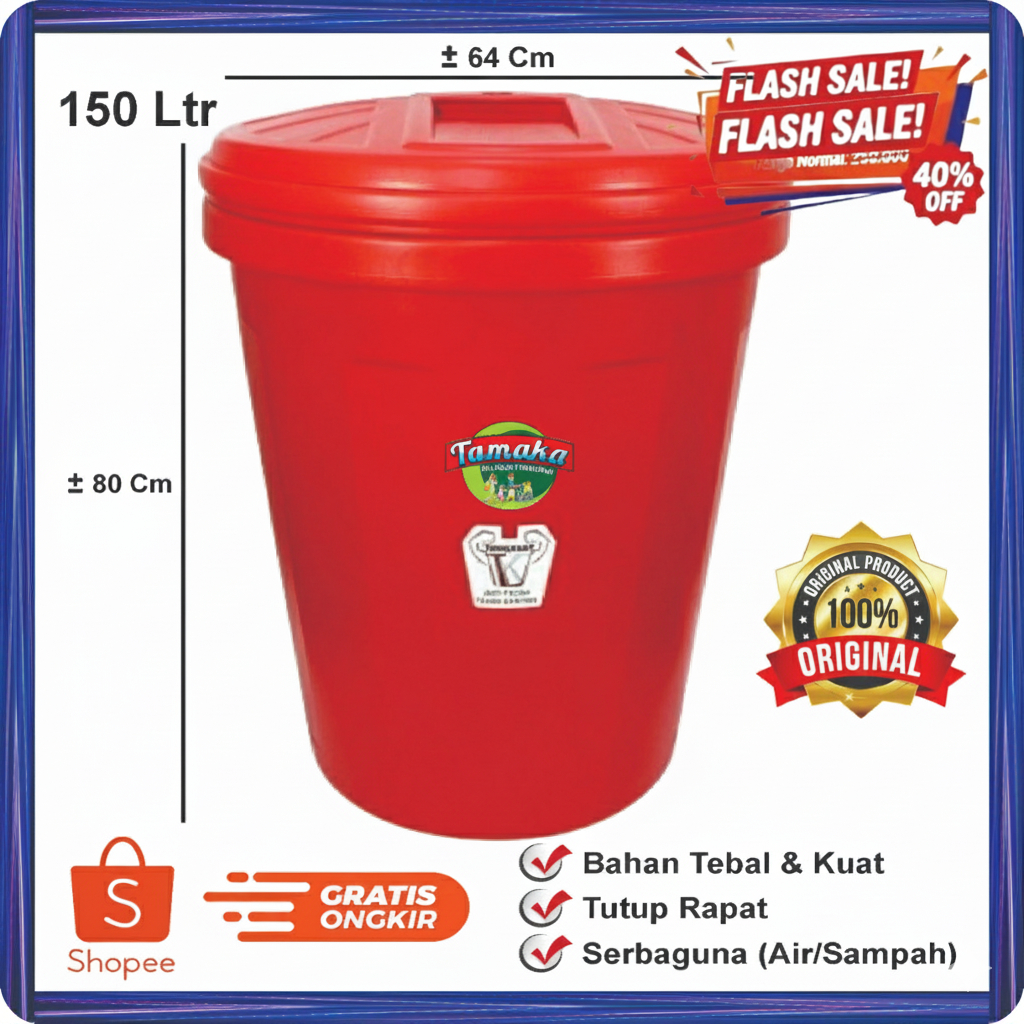 Tong Air Plastik + Tutup 150 Liter / Ember Besar Bulat Plastik + Tutup 150 Liter / Tempat sampah Pla