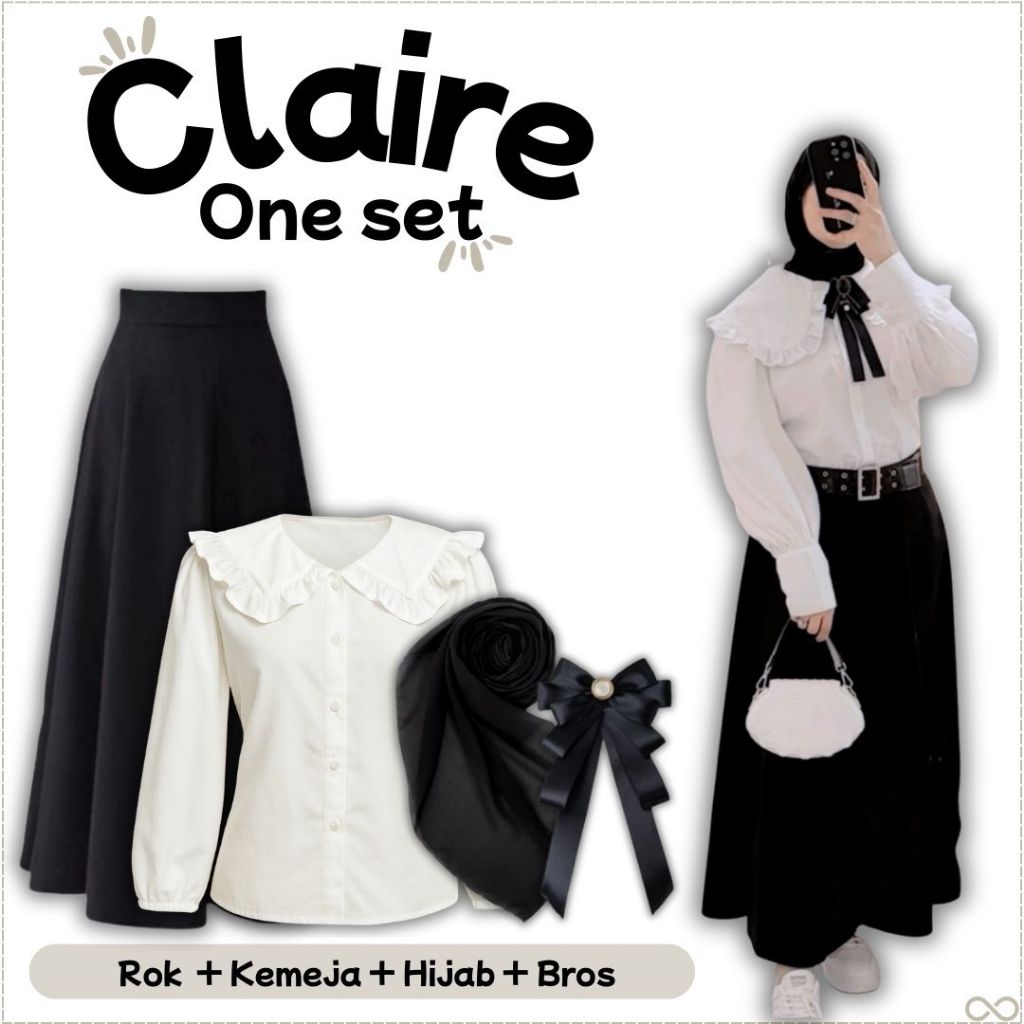 Claire One Set Ospek Vintage Enola Holmes(Kemeja Katun Putih,Rok Hitam,Bros,Hijab)Dark Academia-FS85