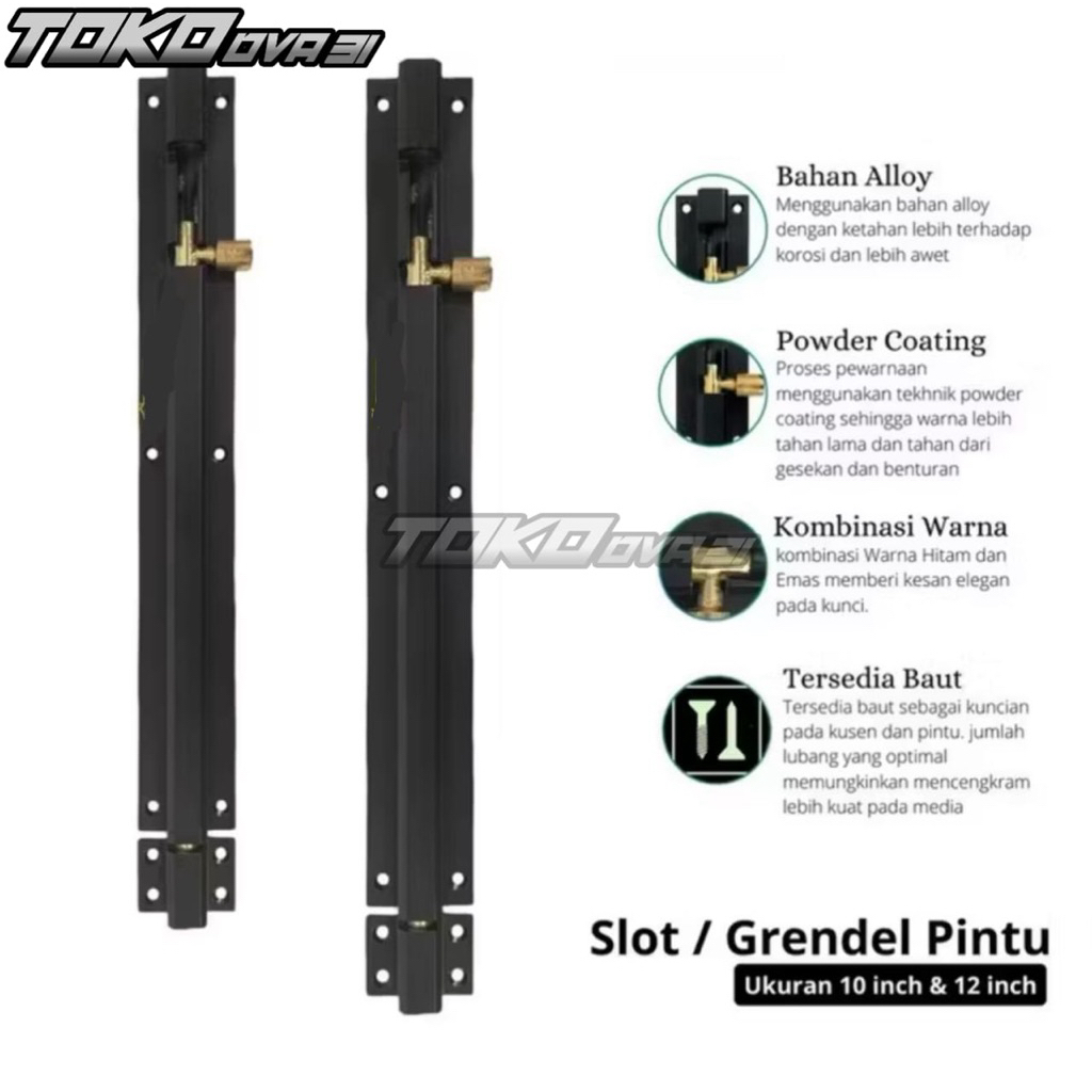 Grendel slot pintu panjang 10-12 inch hitam pengunci tambahan bahan alumunium tebal