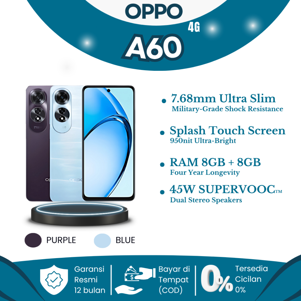 OPPO A60 Murah Terbaru 2025 – Smartphone garansi Layar 6.6790Hz Snapdragon 680 SuperVOOC 45W