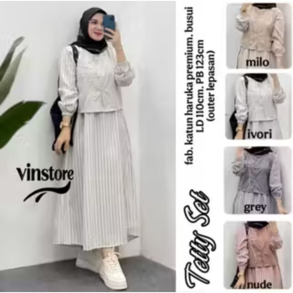 TETTY SET WANITA MUSLIMAH ELEGAN MOTIP GARIS KECIL