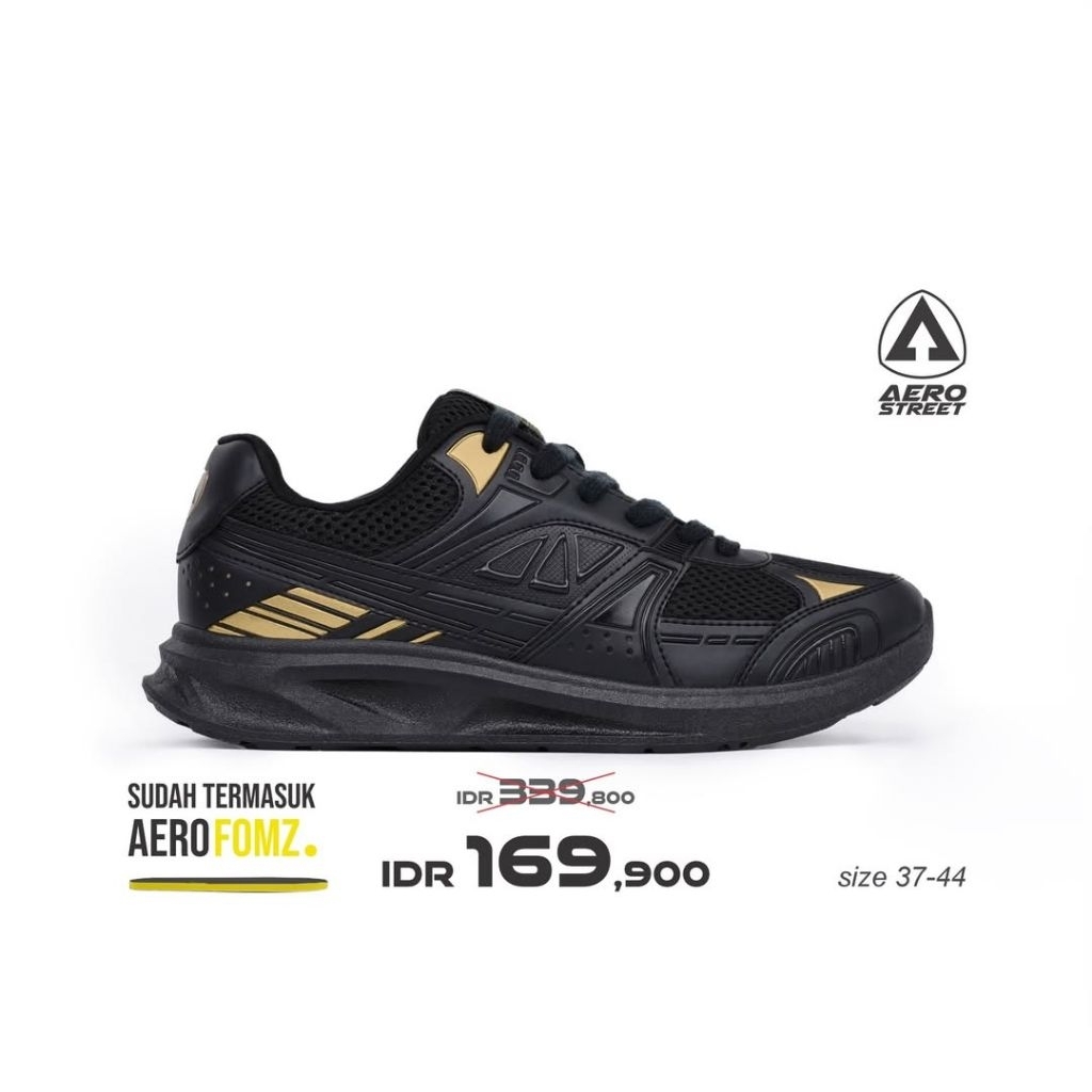 Aerostreet 37-44 Riven Hitam Hitam Emas - Sepatu Sneakers Casual Pria Wanita Aero