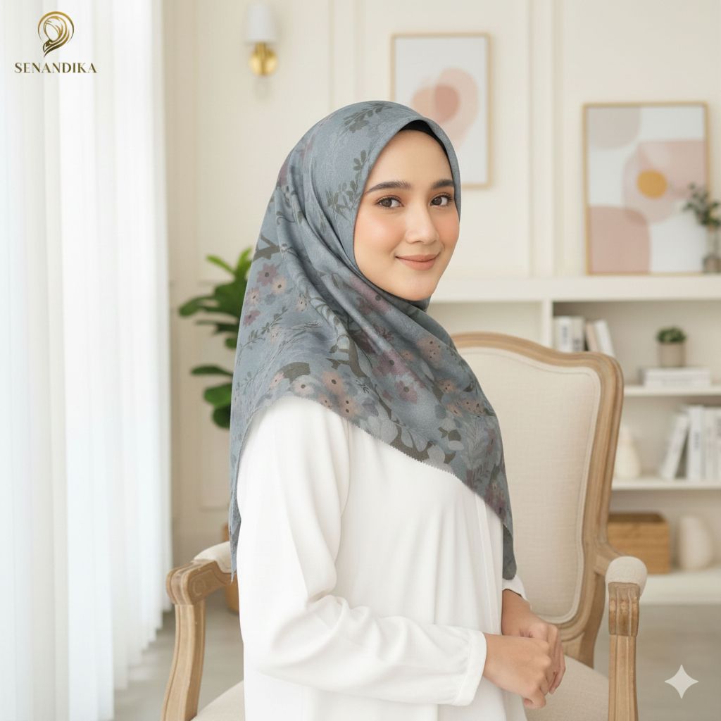 SENANDIKA - Hijab Motif Selma Grey Bloom – Voal Motif Abu Abu, Hijab Elegan Anti Kusut