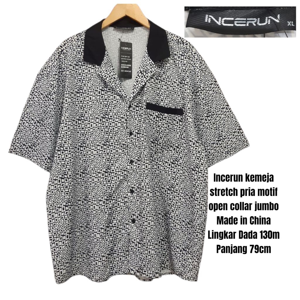 Incerun kemeja stretch pria motif open collar jumbo