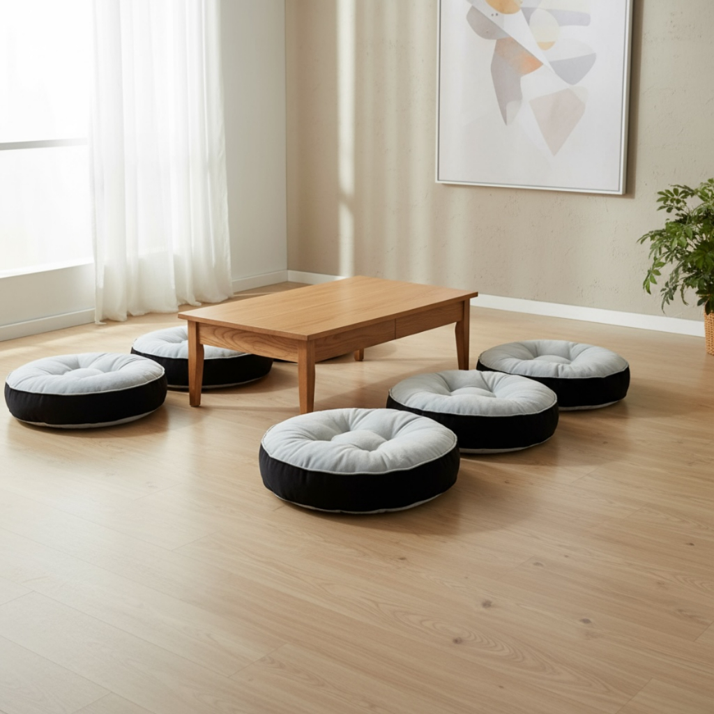 Bantal Alas Duduk Premium Bentuk BULAT Warna ABU MUDA dan HITAM (Ukuran S-XXL) - Bantal Lesehan Empu