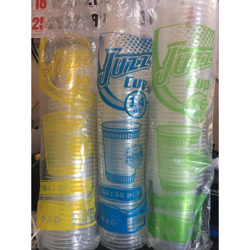 GELAS PLASTIK CUP JUS 12oz 14 oz 16oz MEREK JUZZ ISI 50pcs per Pack