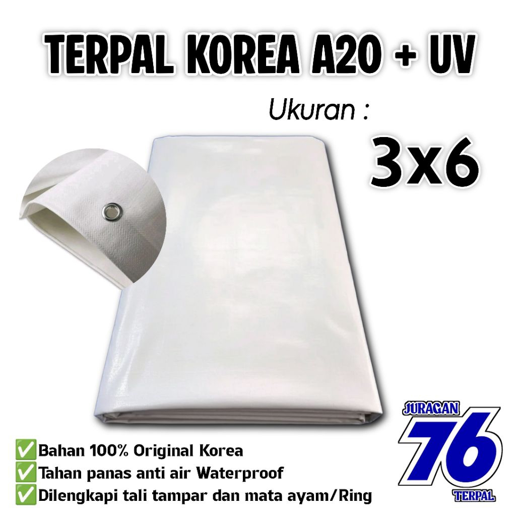 terpal korea A20+UV warna putih-putih ukuran 3x6 buat tenda panggung tahan panas anti air