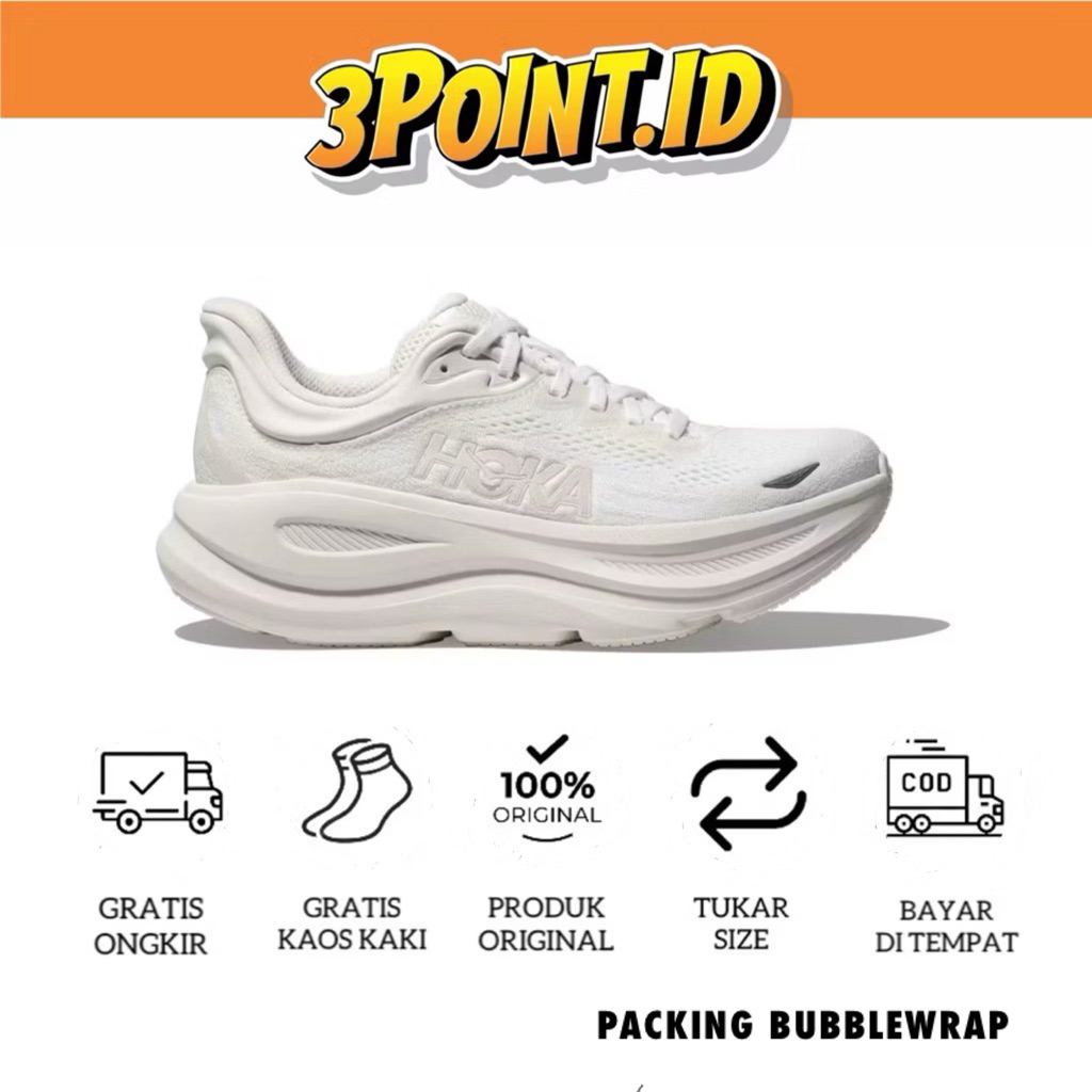 SEPATU RUNNING WANITA HOKA ONE BONDI 9 ALL WHITE ORIGINAL