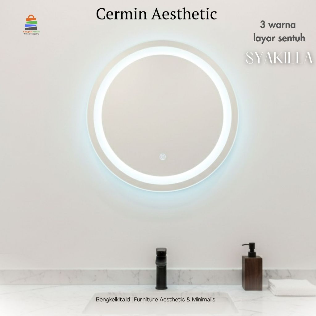 Syakilla Bulat Cermin LED Sanblast Touchscreen Bulat Dinding Cermin Lampu Aesthetic Cermin Kamar Man