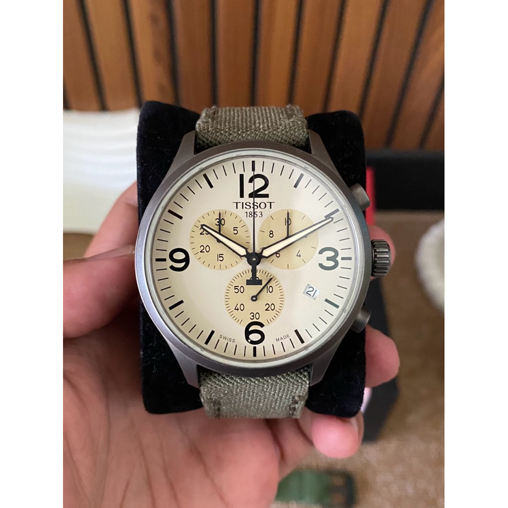 Jam Tangan Pria TISSOT T-Sport T116.617.37.267.00 Chrono XL Beige Dial Khaki Fabric Strap Second