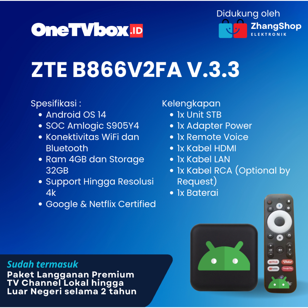 STB ZTE B866V2FA V.3.3 Ram 4GB Storage 32GB Android TV Box OS 14 Root Siap Pakai Full Aplikasi