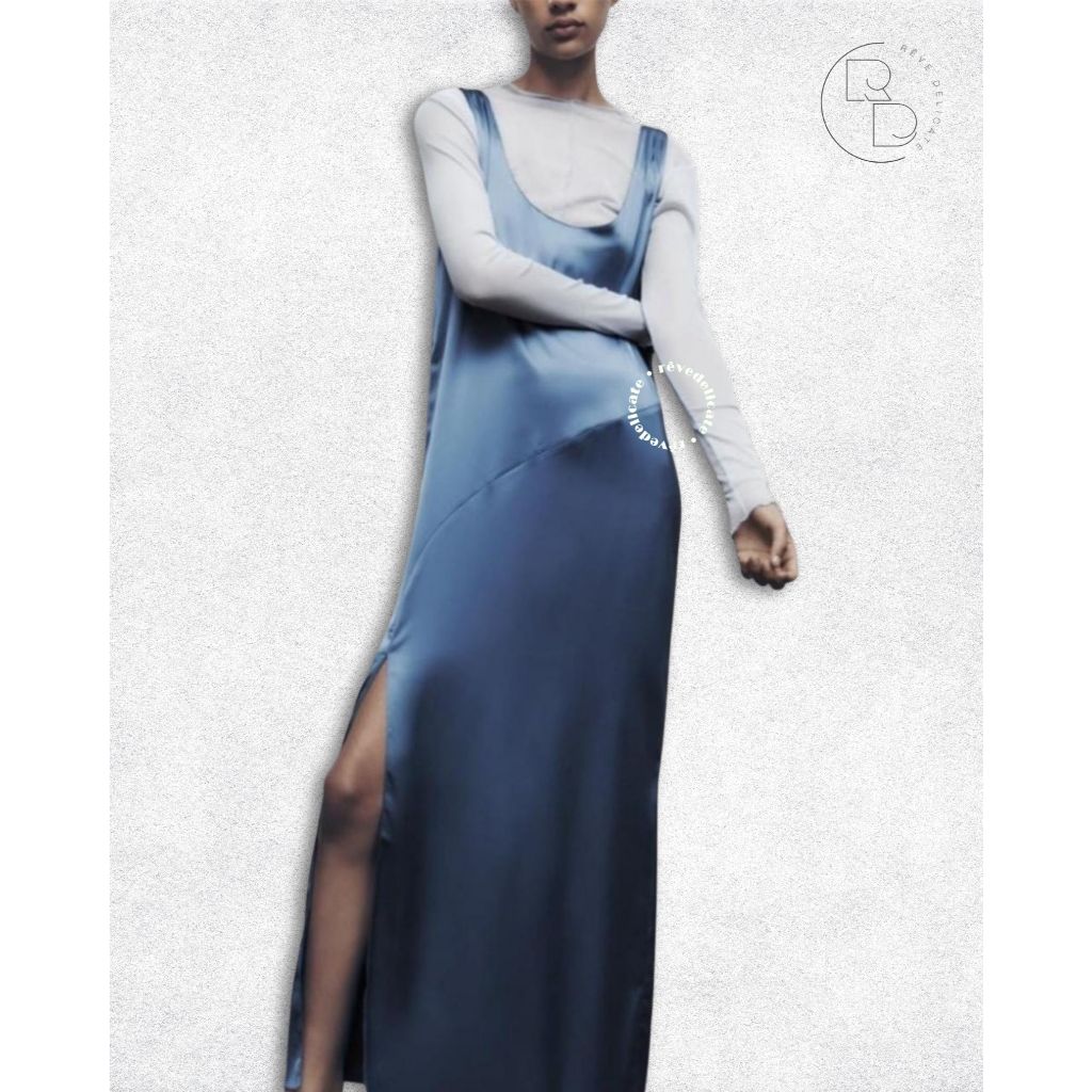 Zara Slip Dress Wanita Original Size S | Long Slip Dress Satin Blue | Elegant Minimalist Dress