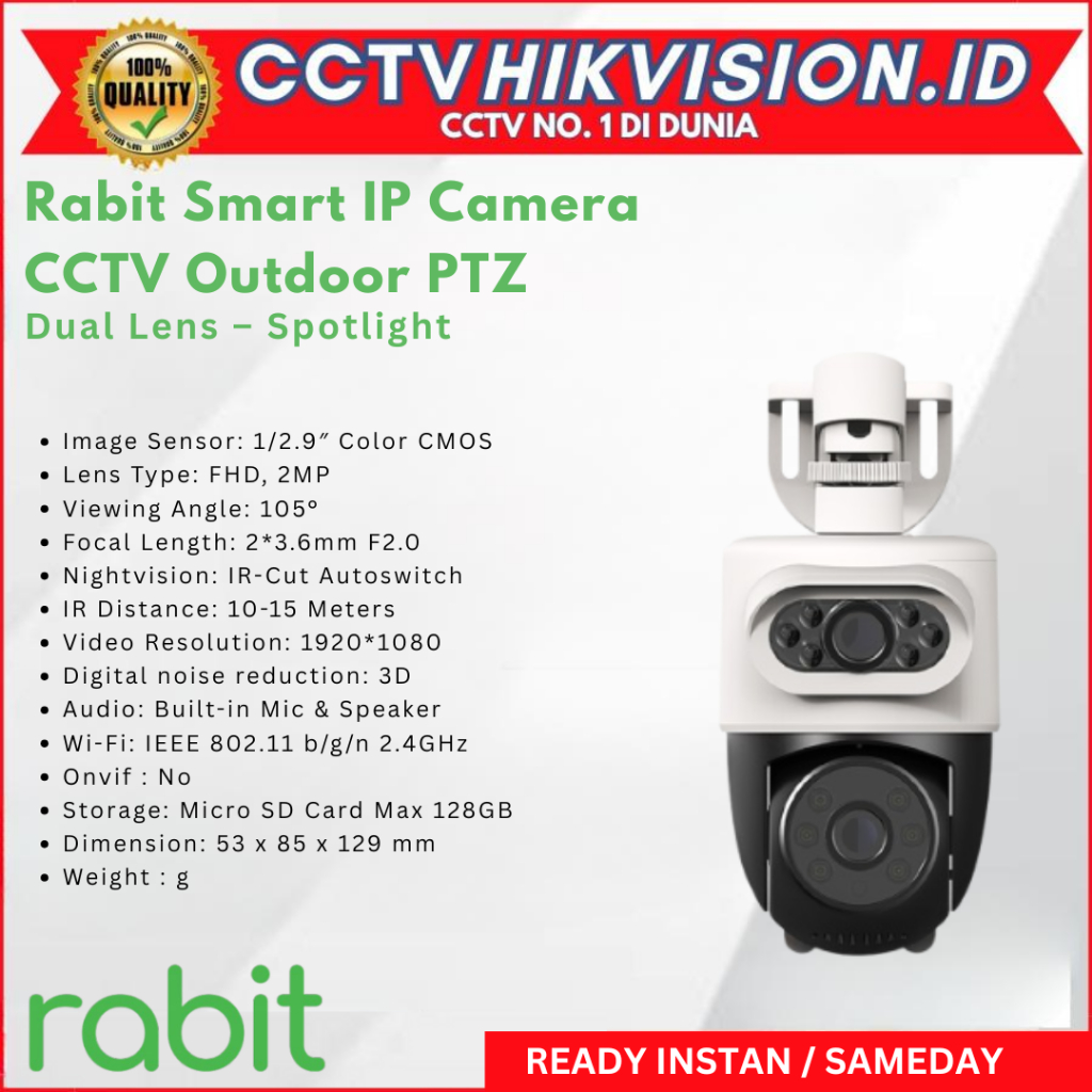 Rabit Smart IP Camera CCTV Outdoor PTZ Dual Lens – Spotlight - Camera Only
