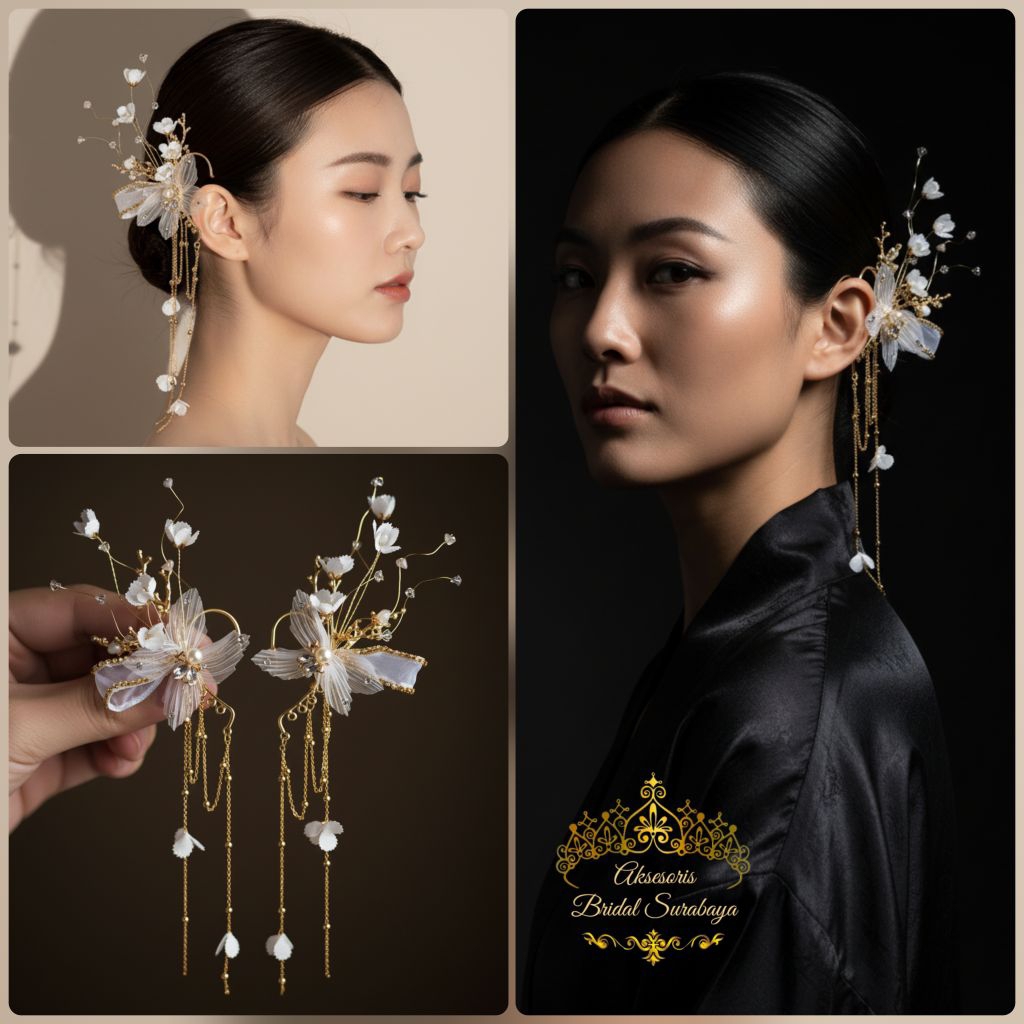 Earcuff Sifon Pita (Sepasang) Handmade Flower Earpiece Aksesoris Pengantin Hairpiece Wedding Fashion