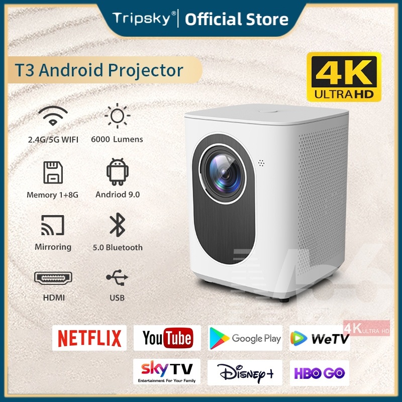Tripsky T3 Smart Projector 280ANSI 6000 Lumen 4K HD Proyektor LCD Android Proyektor