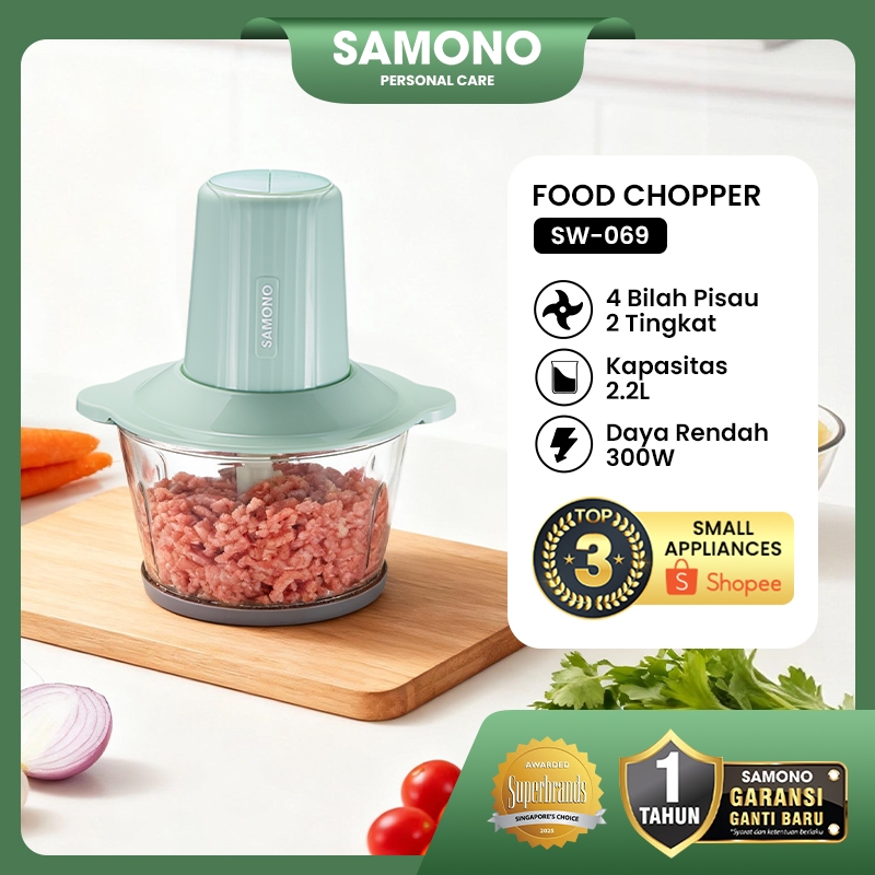 SAMONO Food Chopper 2.2L Kaca 2 Speeds Penghalus, Penggiling Bumbu Daging, Mangkuk Kaca 2.2L Tebal 6
