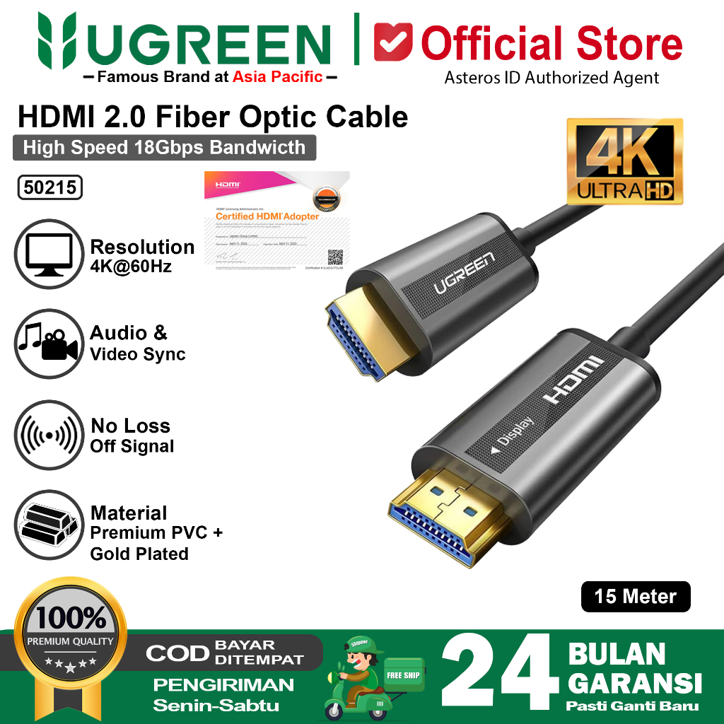 UGREEN Kabel HDMI To HDMI 2.0 Fiber Optical 4K HD Resolusi 50215