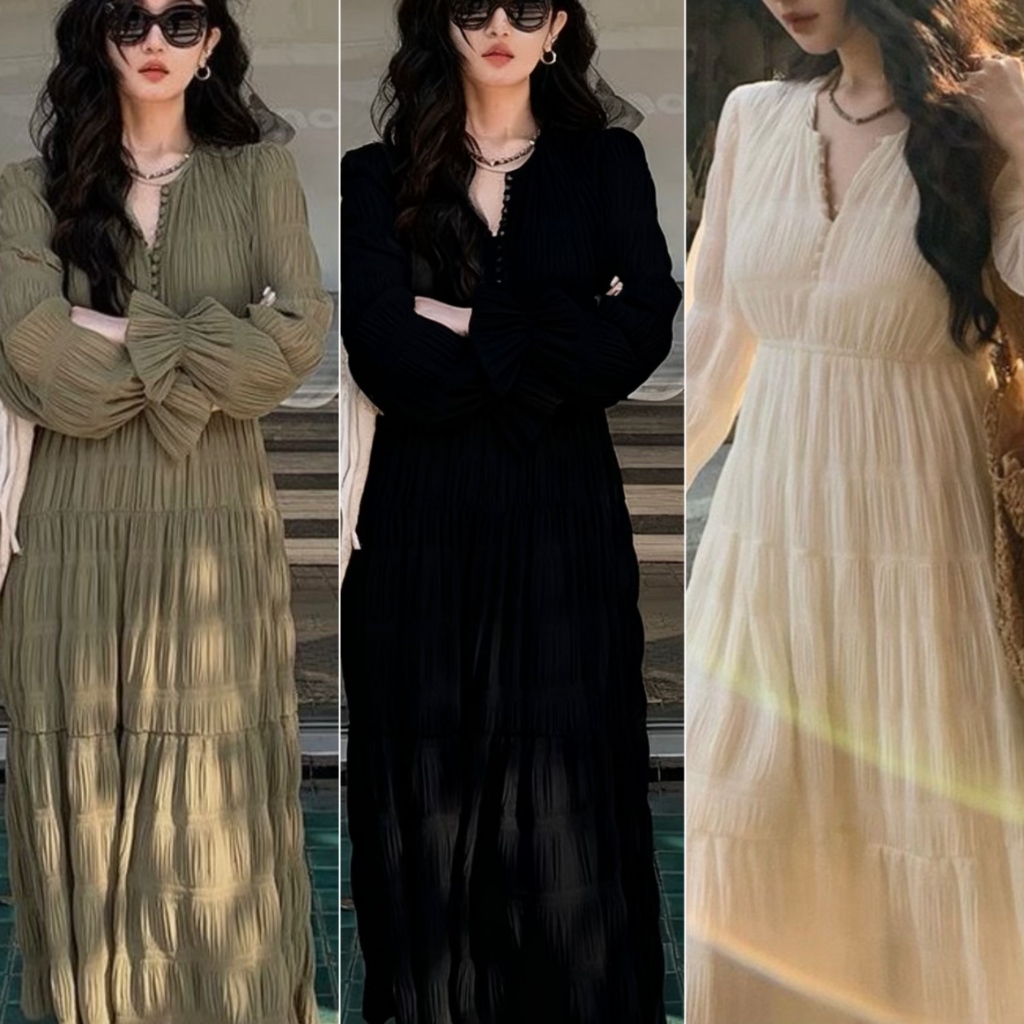 Gamis Wanita Panjang Crinkle Sifon Casual Home Dress Polos - M505