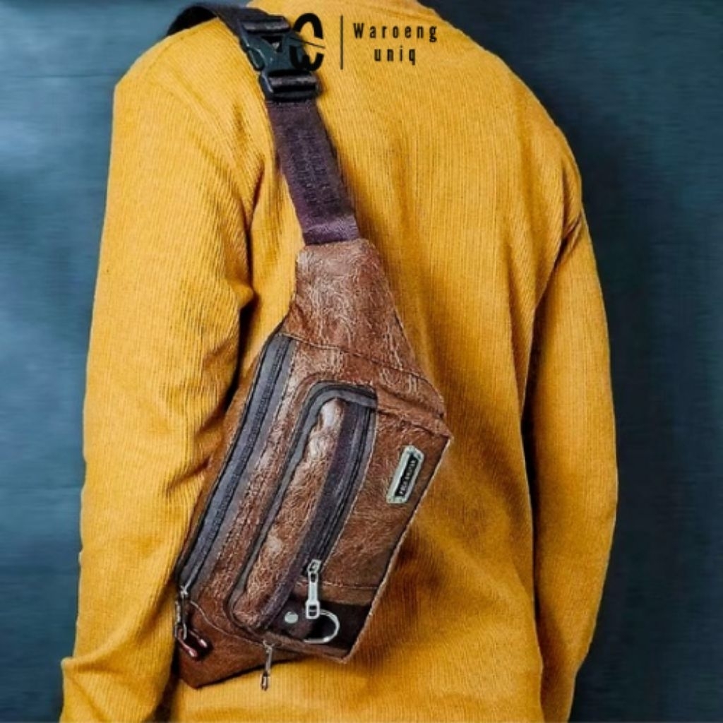 Tas Slempang Pria POLO AMSTAR Original Waitsbag Slingbag PU Leather Premium Tas Pinggang Kulit