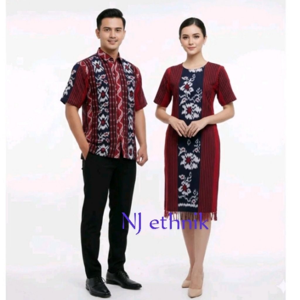 NJ ethnik baju couple tenun dress dan kemeja casual