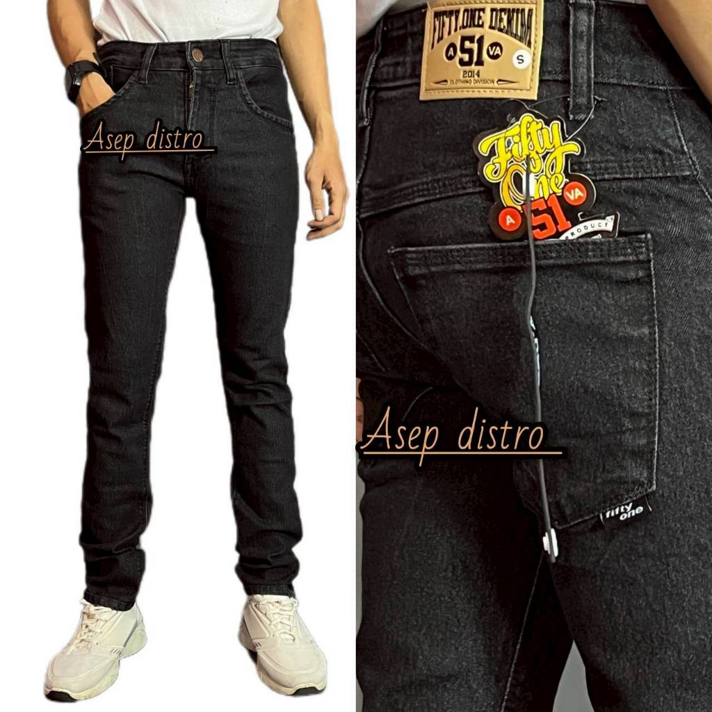 FIFTYONE51 TERLARIS Celana Pria Jeans Panjang SLIMFIT Calana warna Black jazz Scrup Clor Hitam Polos