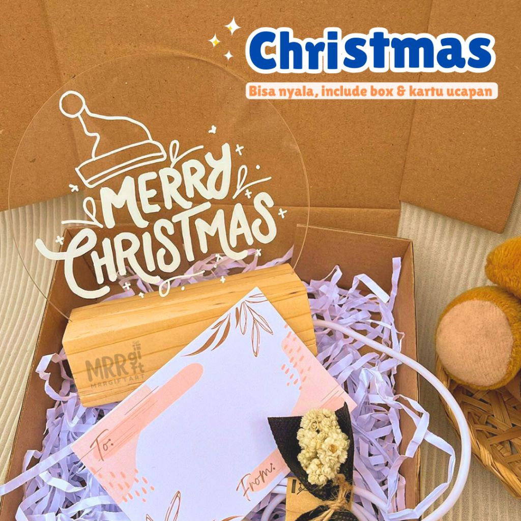 Lampu Hias Akrilik Merry Christmas – Gift Set Eksklusif dengan Box, Kartu Ucapan, Bouquet Bunga Asli