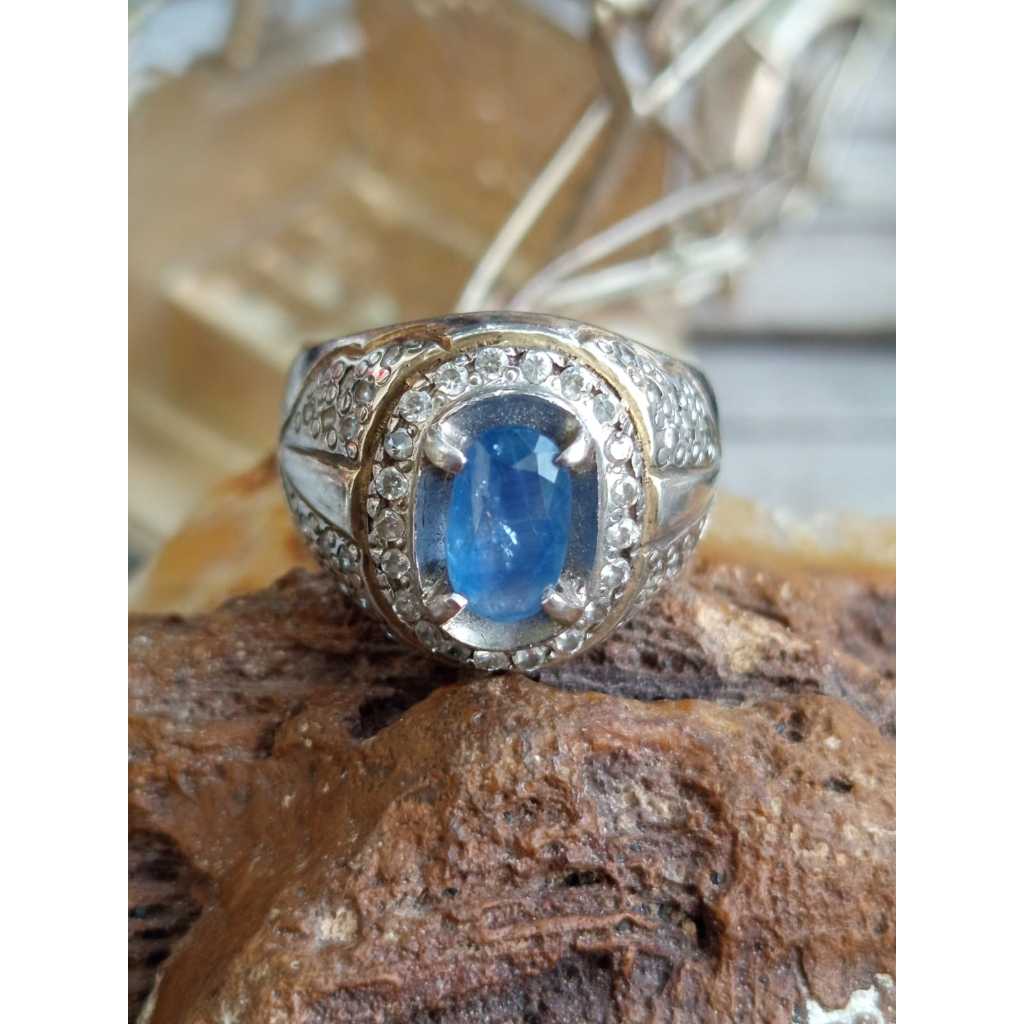 Natural Blue Safir Top Color Ceylon Ring Perak 925 Microseting