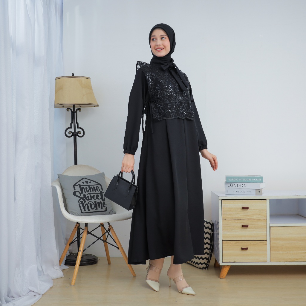 Gamis Brokat Wanita Elegan Hitam Putih Long Dress Muslim Pesta Polos Premium Hijab Modern Terbaru