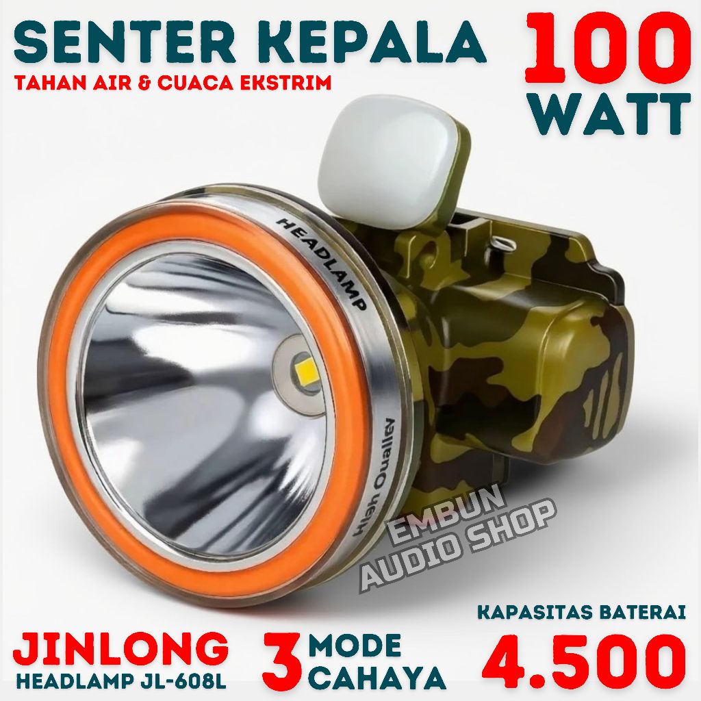 TERBARU ~ Senter Kepala + Lampu LED Daya 100W JINLONG JL-608L Super Terang Baterai Lithium 4500mAh B