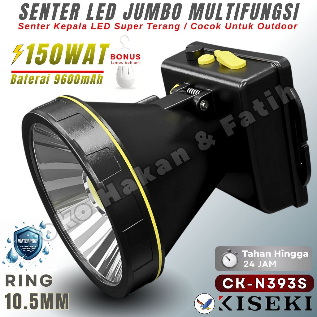 SENTER KEPALA LED,KISEKI CK-N393S,Senter Kepala 150 Watt 9600mAH Kapasitas Baterai Tahan Hingga 24 J
