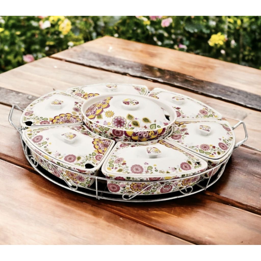 Wadah saji set Vicenza B412, prasmanan besar  Gardenia dilengkapi penutup wadah makanan, 7 sendok se