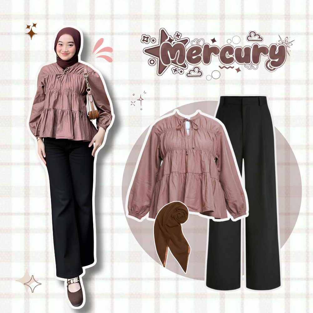 Outfit Set Hijab 3in1 Blouse Kerut Celana Jennie Knit Hijab Bella Square OOTD Kekinian Pakaian Wanit