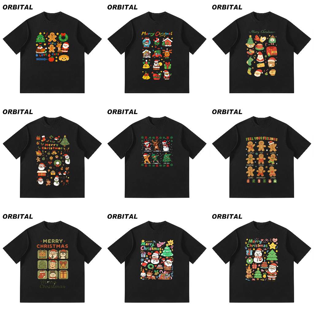 STA Kaos Natal Hitam 230GSM — Gingerbread & Santa Icon Oversize Unisex