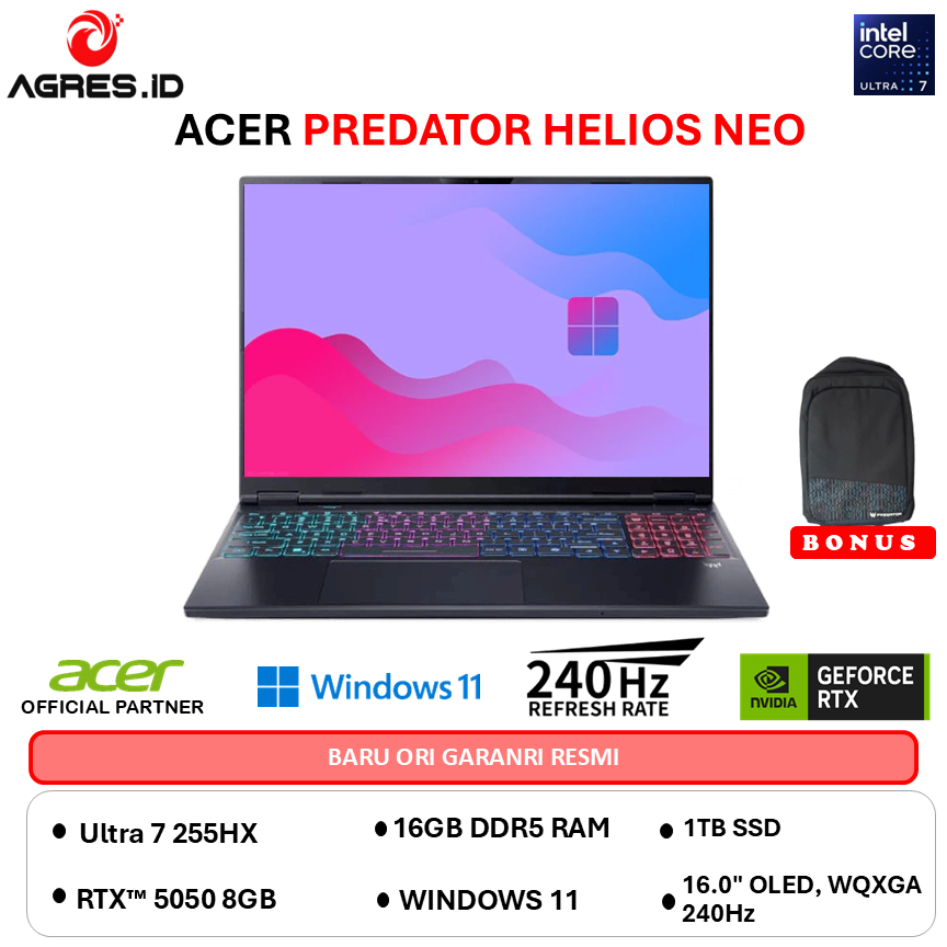 ACER PREDATOR HELIOS NEO 16S AI OLED ULTRA 7 255HX RTX5050 8GB - 16GB 1TB W11+OHS 16.0WQXGA-71-70Y9
