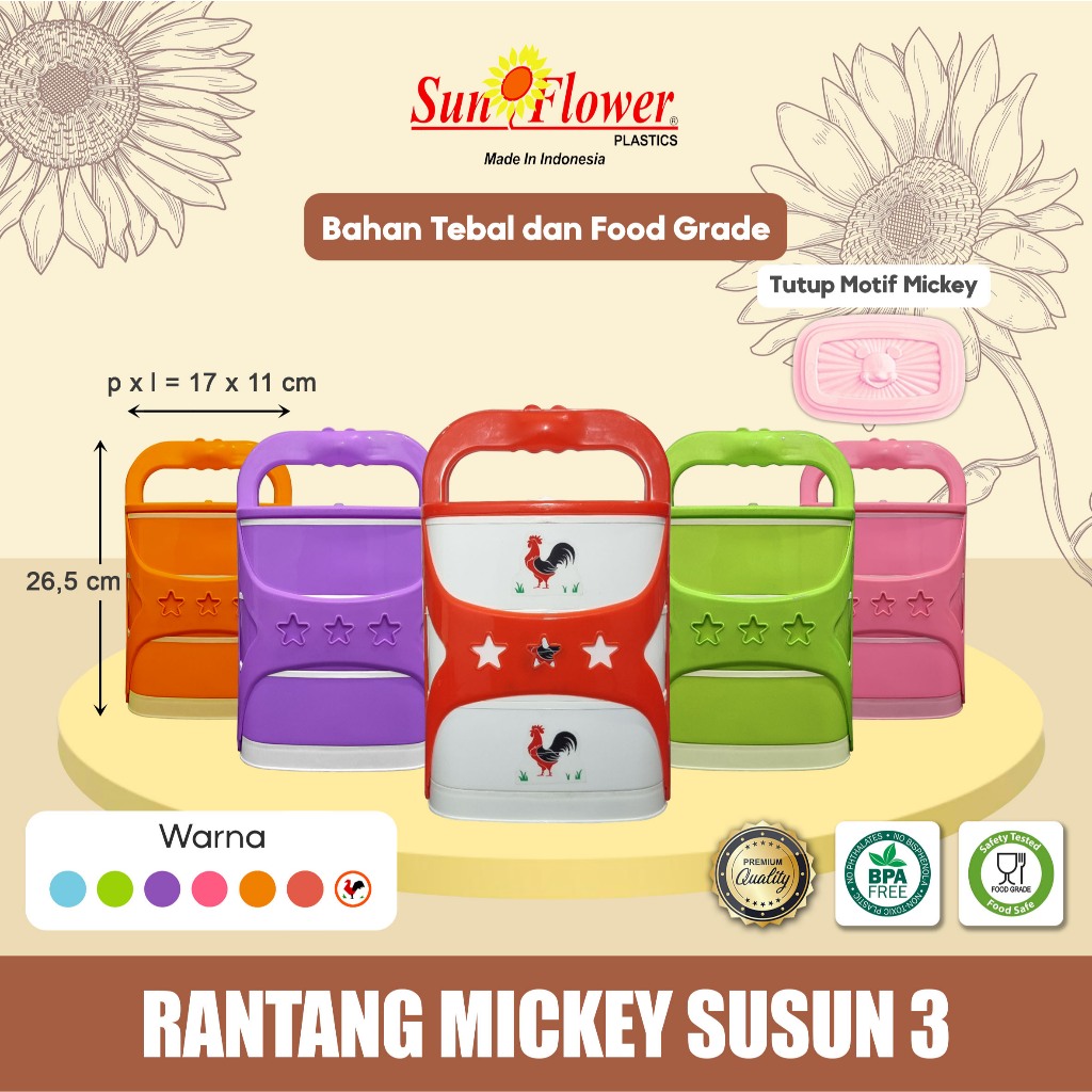 RANTANG MICKEY SSN 3 Sun FLower Makanan Set/Susun 3 Rantang Anak Motif Mickey / Rantang Plastik 3 / 