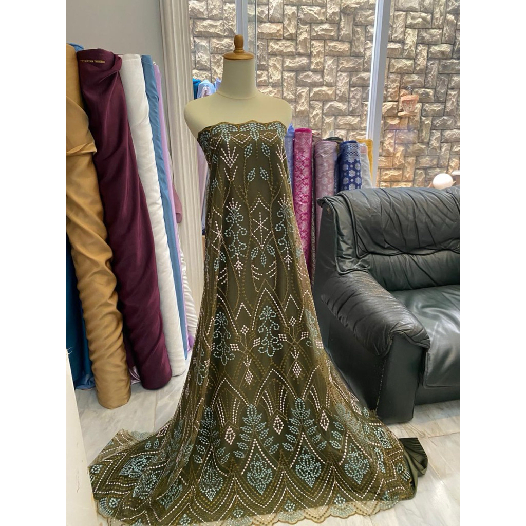 Bahan Kain Kebaya Brukat Brokat Tile Tulle Bordir Embroidery Mewah Eliesab Series Warna Hijau Army