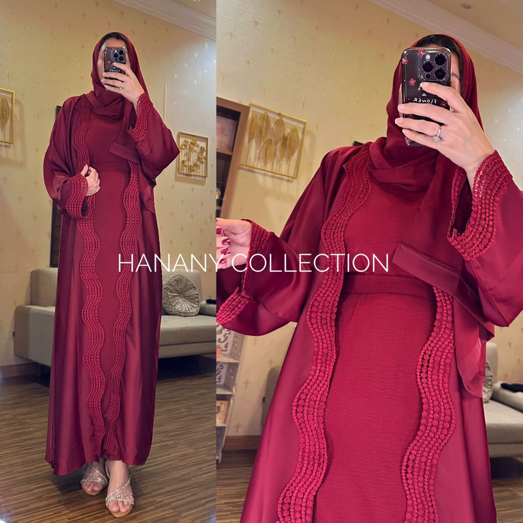 Abaya Dubai Dobel Merah Maroon Gelombang