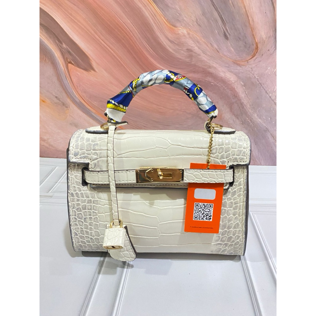 HIMALAYA-TAS SELEMPANG"KL" MINI CROCO PUTIH LIST ABU FULL EMBOS FREE BOX