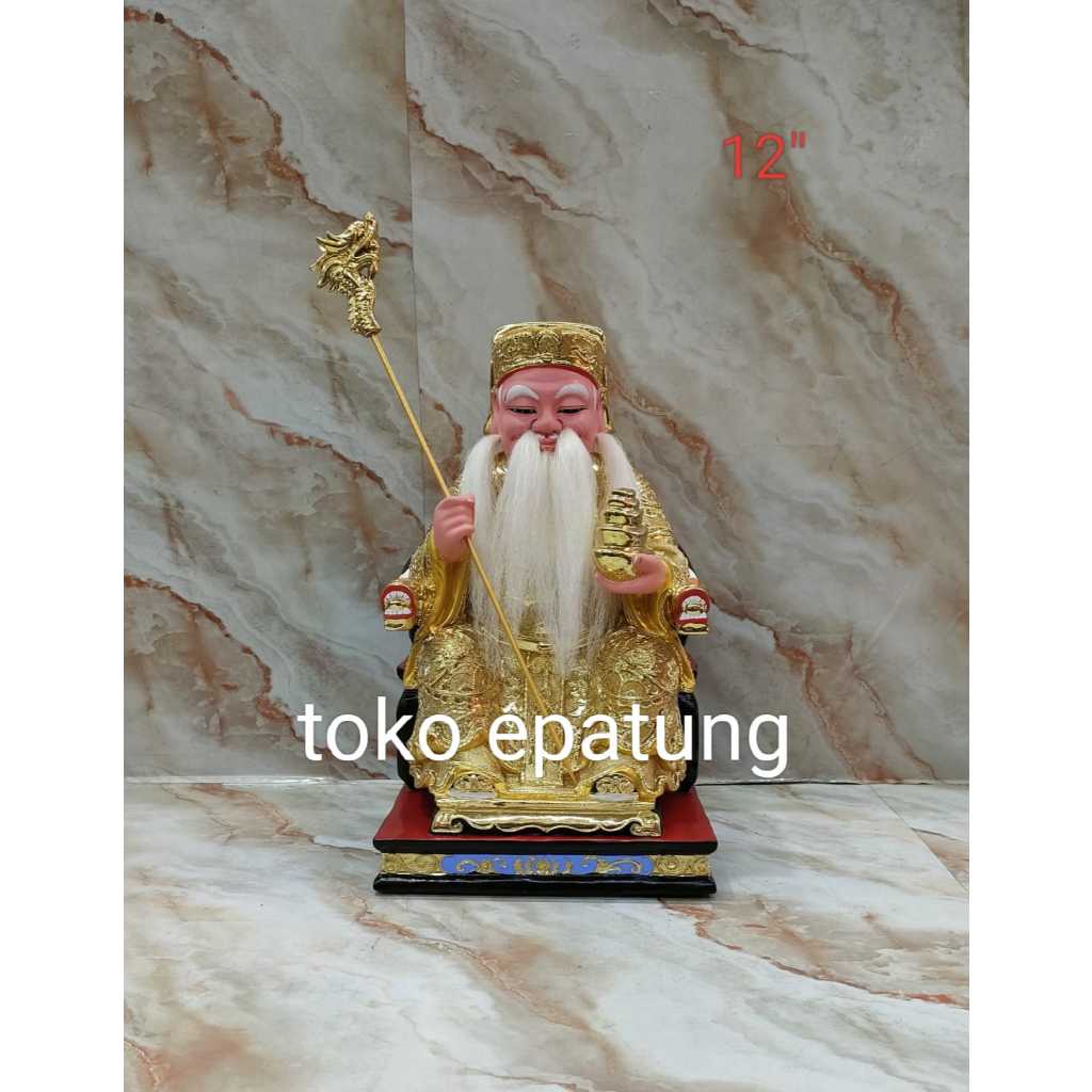 Patung dewa bumi / hok tek / ta pe kong - 12 inch - kayu - emas - Tongkat - l25