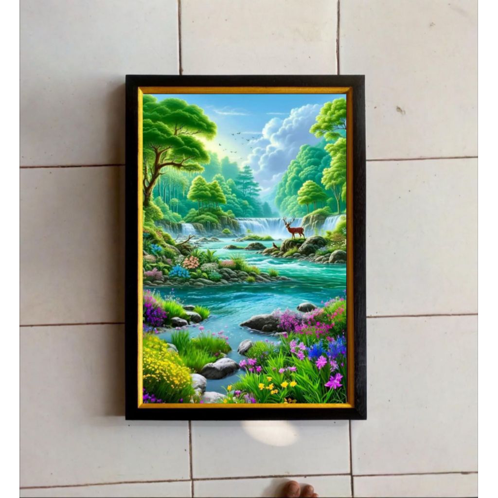 hiasan dinding lukisan cetak plus bingkai ukuran 65×45cm pemandangan alam 3D