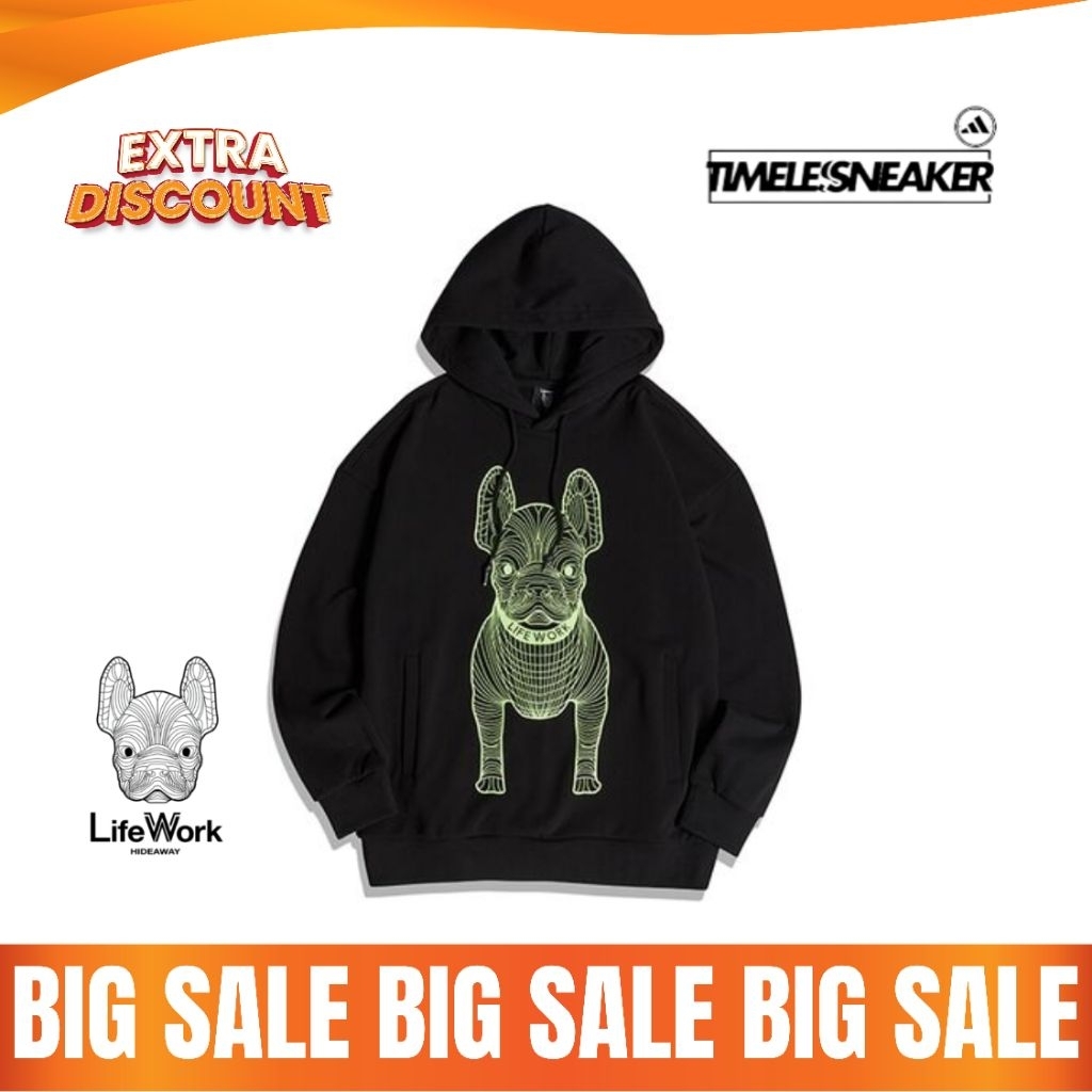 LIFEWORK GRAPHIC LOOSE FIT DRAWSTRING HOODIE DEEP BLACK 100% ORIGINAL