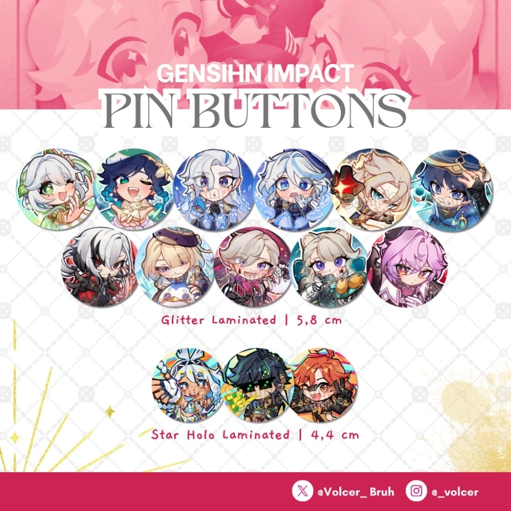 Pin Button Glitter Genshin Impact | Arlecchino Lyney Lynette Freminet Durin Wanderer Furina Albedo N
