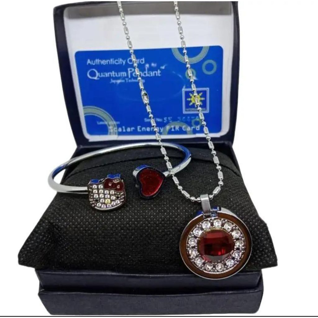Set Gelang Kalung Titanium Quantum Pendant Liontin Bulat Merah Permata - Silver