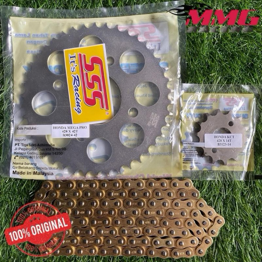 Original Gear Set SSS 428 + Rantai Gold Polos Untuk Motor Tiger Revo / 2000, Verza, Gl Pro, Megapro,